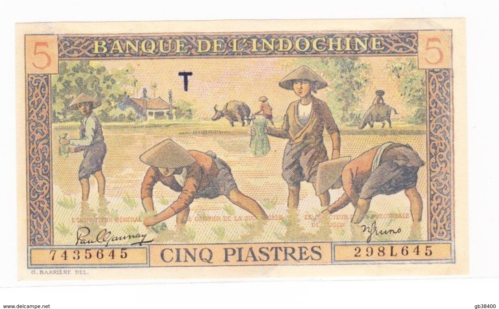 INDOCHINE BILLET 5 PIASTRES   SERIE T  SUPERBE OCCASION COMME NEUF - Indochina