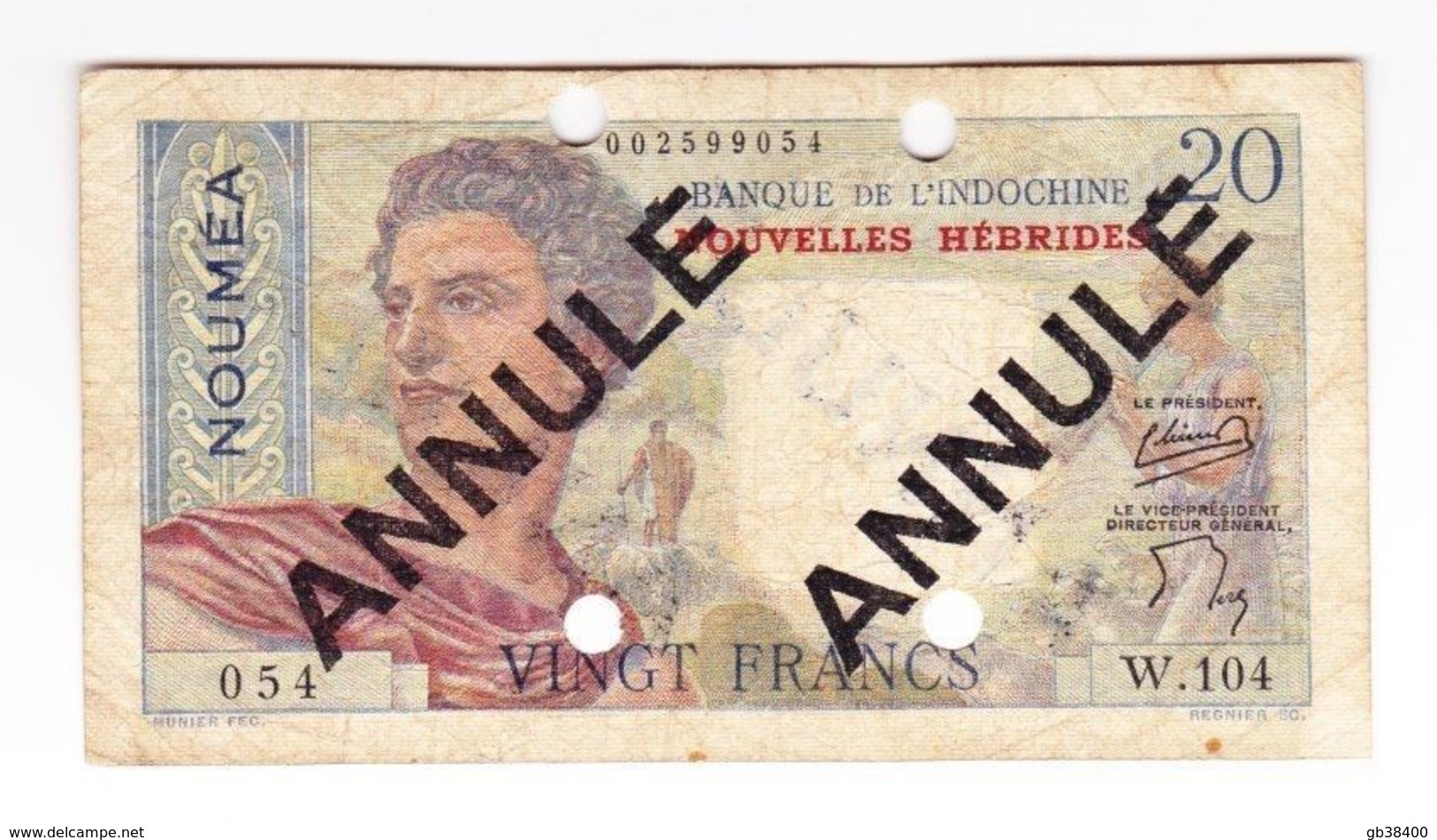 INDOCHINE BILLET  20 FRANCS NOUMEA NOUVELLES HEBRIDES  ANNULE  OCCASION - Indochine