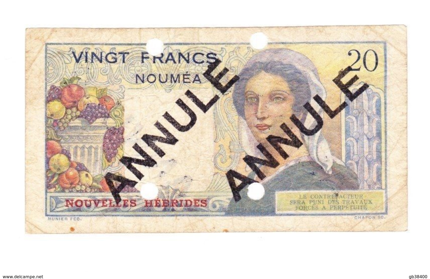 INDOCHINE BILLET  20 FRANCS NOUMEA NOUVELLES HEBRIDES  ANNULE  OCCASION - Indochine