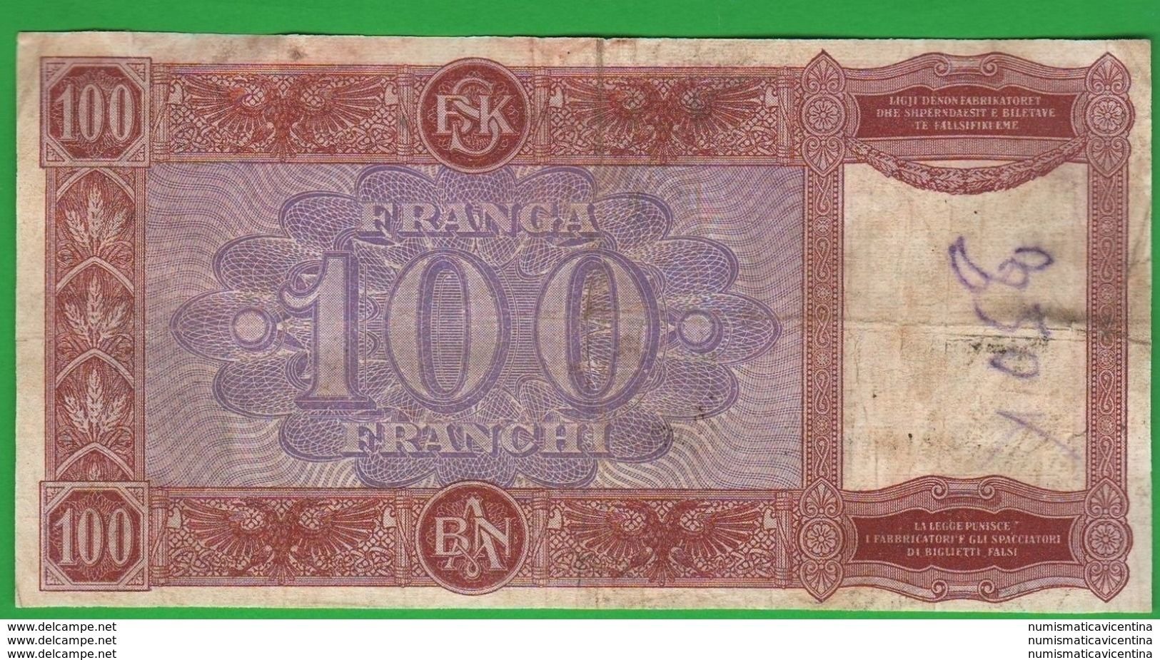 Albania 100 Franga 1945 War Currency Albanien Shqipëria Timbro Over Stamp - Albanien