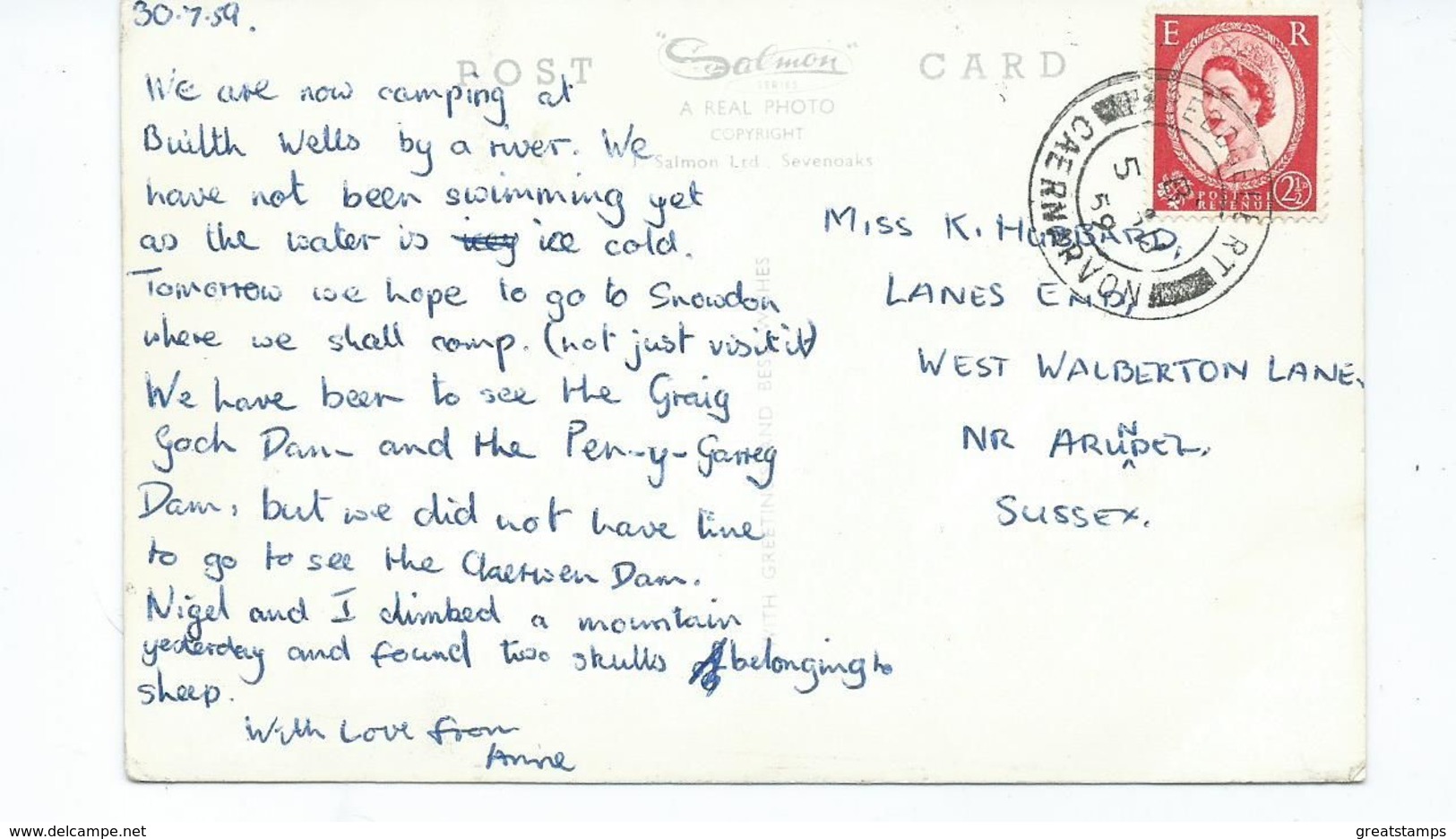 Wales  Postcard  Rhayader Claerwen Dam Salmon Posted 1959 - Caernarvonshire