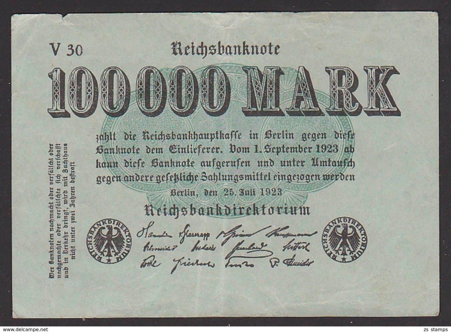 Reichsbanknote 100.000 Mark Vom 25.7. 1923 Serie V, Inflation - 100000 Mark