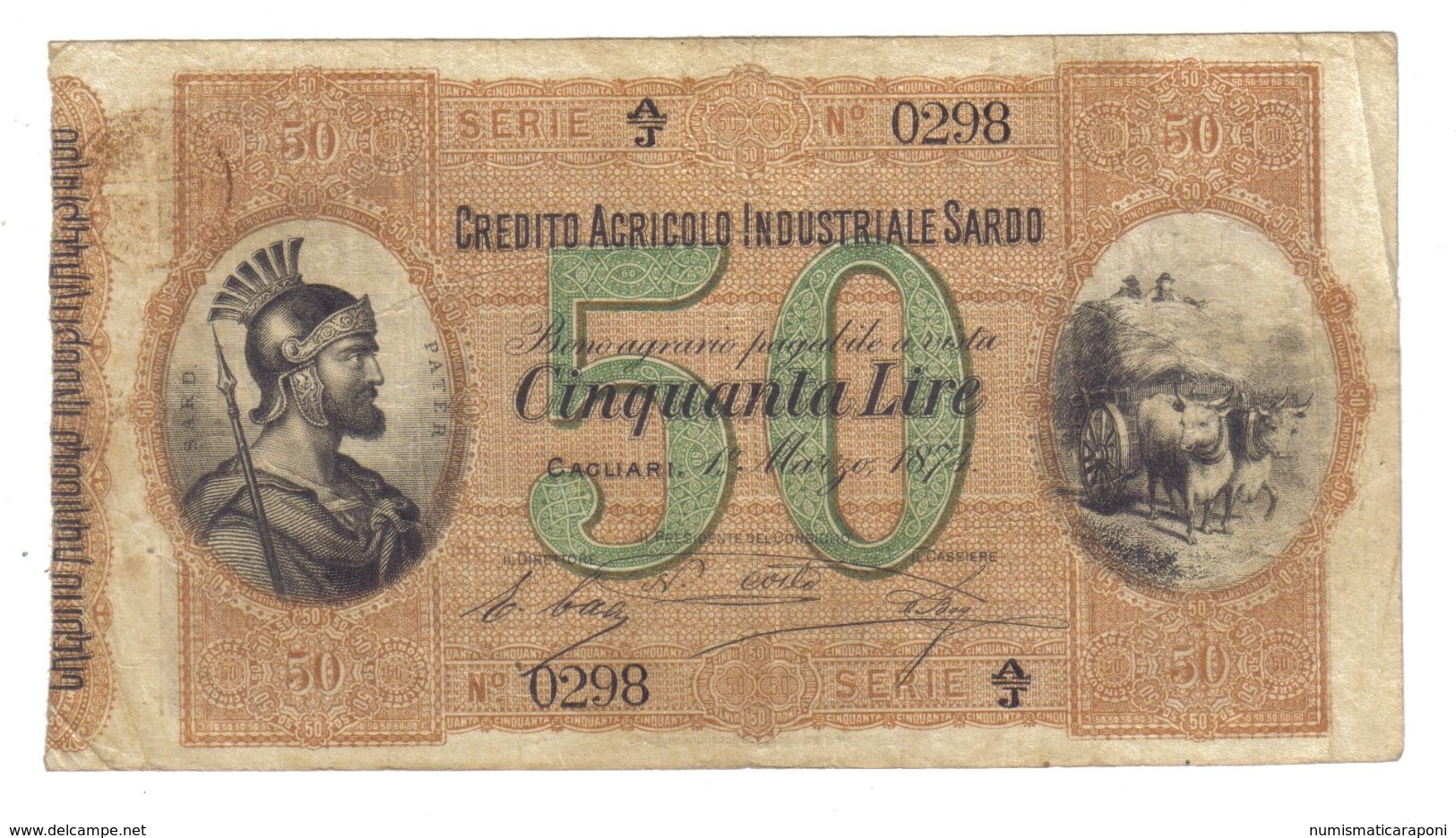 CREDITO AGRICOLO INDUSTRIALE SARDO 50 LIRE 1874 RARO BB+ LOTTO 918 - Autres & Non Classés