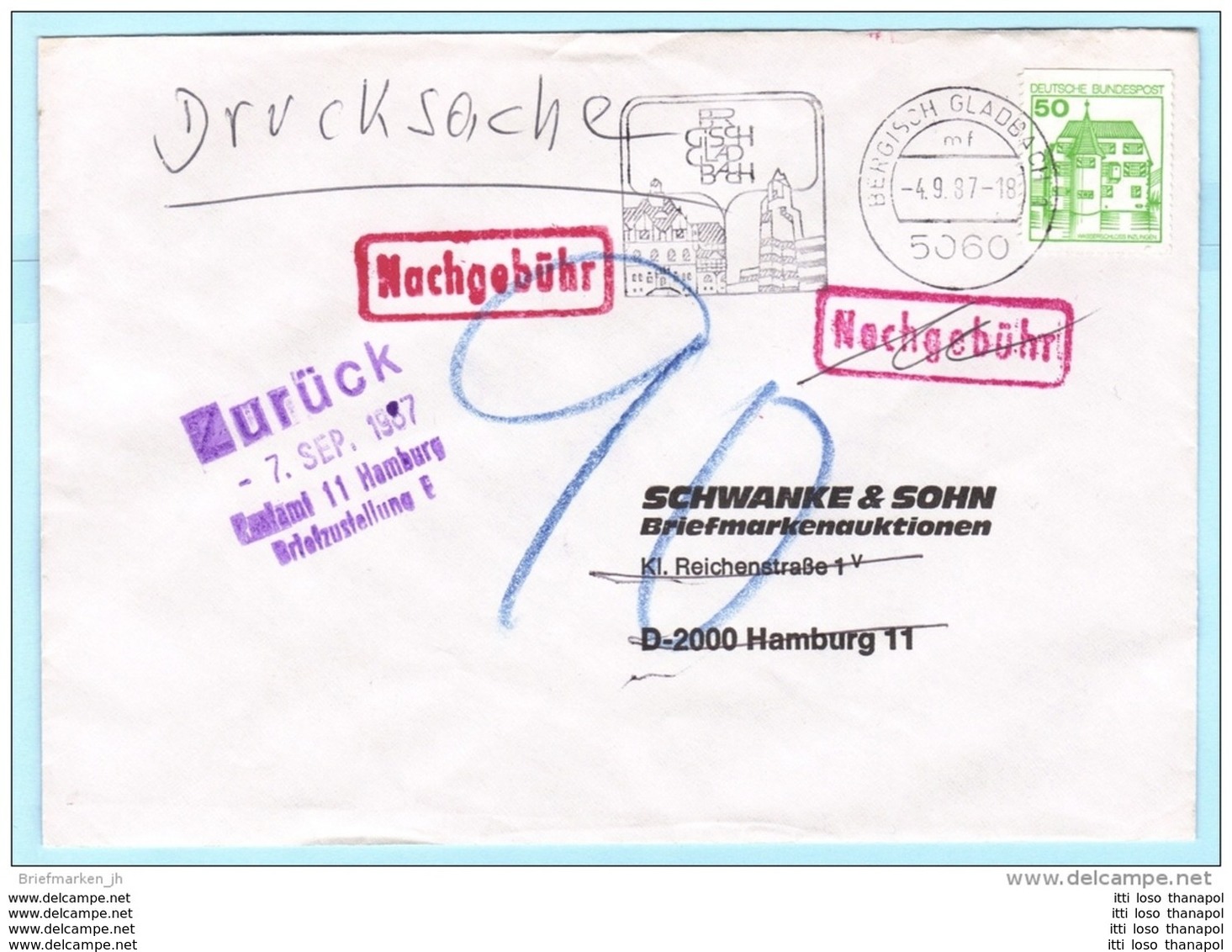 BUND BRD FRG GERMANY - Brief Cover Lettre Nachgebühr --- 5060 Bergisch Gladbach   (8866) - Andere & Zonder Classificatie