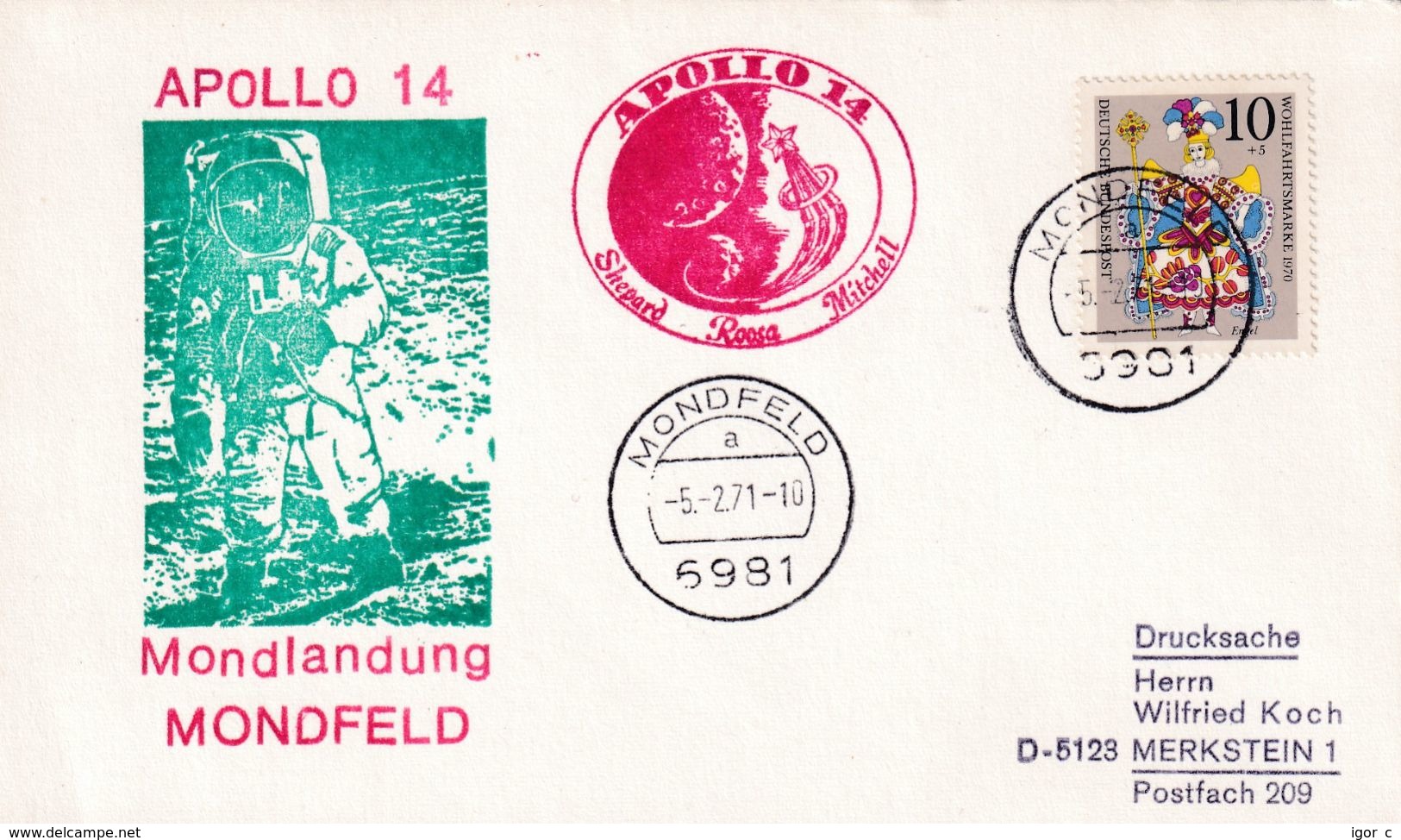 Germany 1971 Card; Space Weltraum Epace: Apollo 14; Shepadr Roosa Mithcel; Mondlandung; Monfeld Cancellation - Sonstige & Ohne Zuordnung