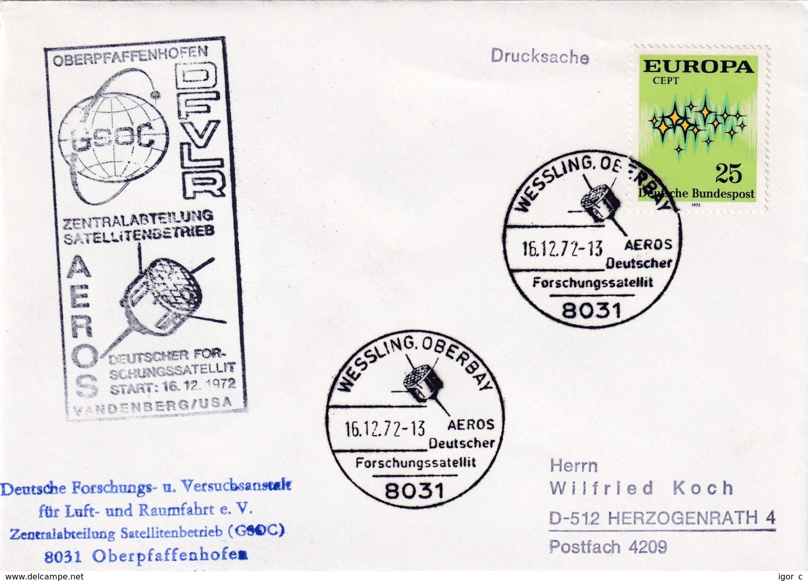 Germany 1972 Cover; Space Weltraum Epace: AEROS Germany Research Satellite; Wessling Cancellation: - Other & Unclassified