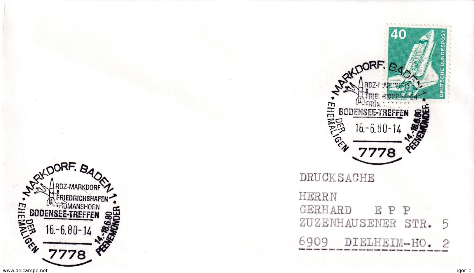 Germany 1980 Cover; Space Weltraum Epace: Space Shuttle; RDZ Bodensee Treffen; Markdorf Cancellation; Rocket - Autres & Non Classés