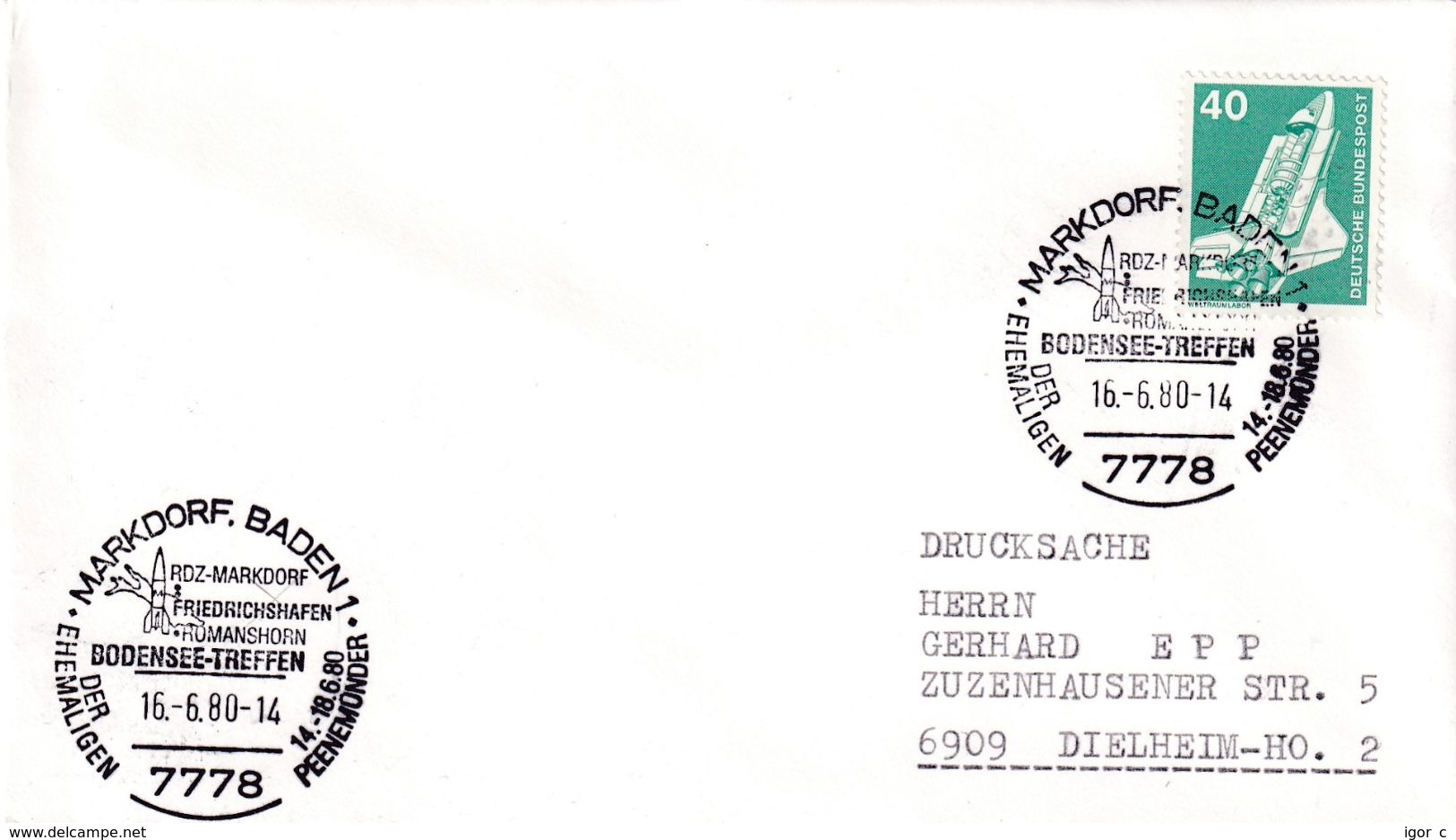 Germany 1980 Cover; Space Weltraum Epace: Space Shuttle; RDZ Bodensee Treffen; Markdorf Cancellation; Rocket - Sonstige & Ohne Zuordnung