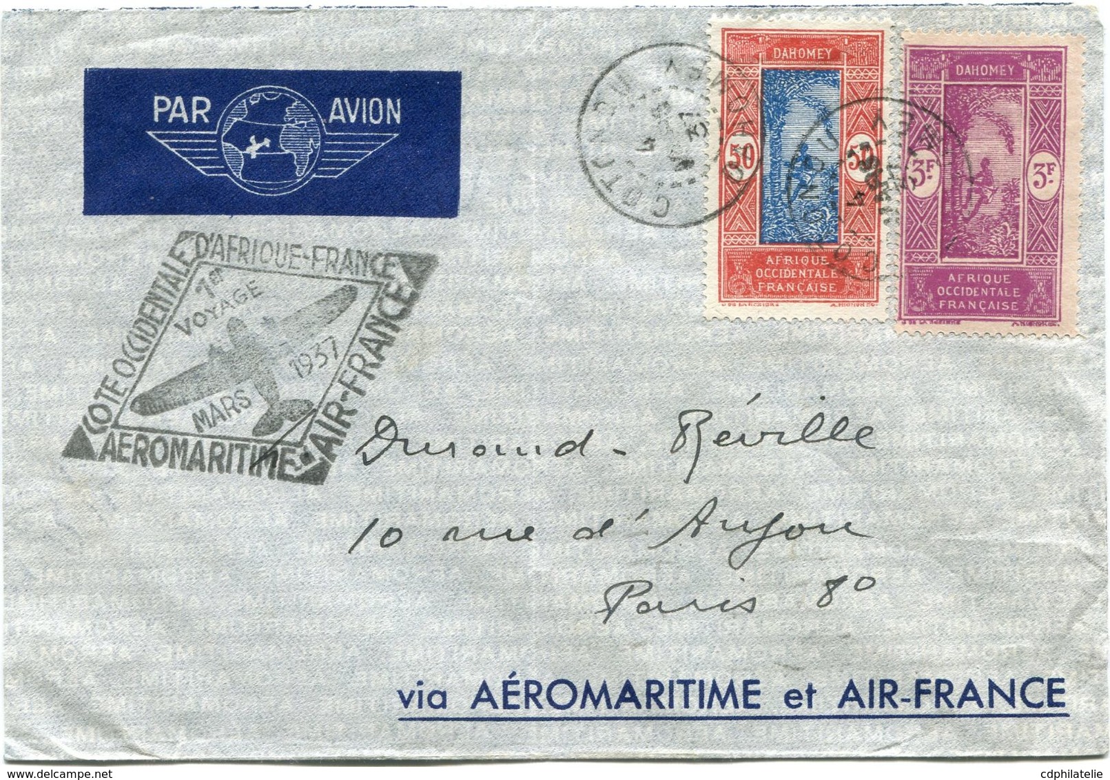 DAHOMEY LETTRE PAR AVION AVEC CACHET ".....AEROMARITIME 1er VOYAGE MARS 1937" DEPART COTONOU 4 MARS 37 DAHOMEY POUR..... - Covers & Documents