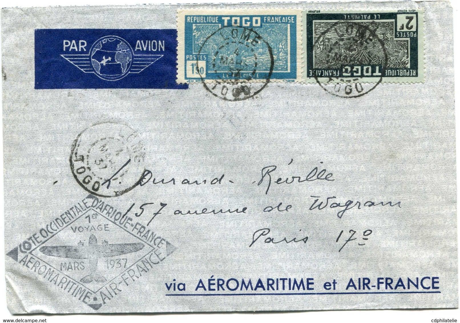 TOGO LETTRE PAR AVION AVEC CACHET "......AEROMARITIME 1er VOYAGE MARS 1937" DEPART LOME 4 MARS 37 TOGO POUR LA FRANCE - Cartas & Documentos