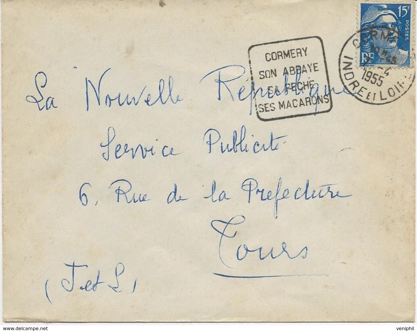 LETTRE OBLITERATION DAGUIN -INDRE ET LOIRE - " CORMERY SON ABBAYE SA PECHE SES MACARONS - 1955 - Mechanical Postmarks (Other)