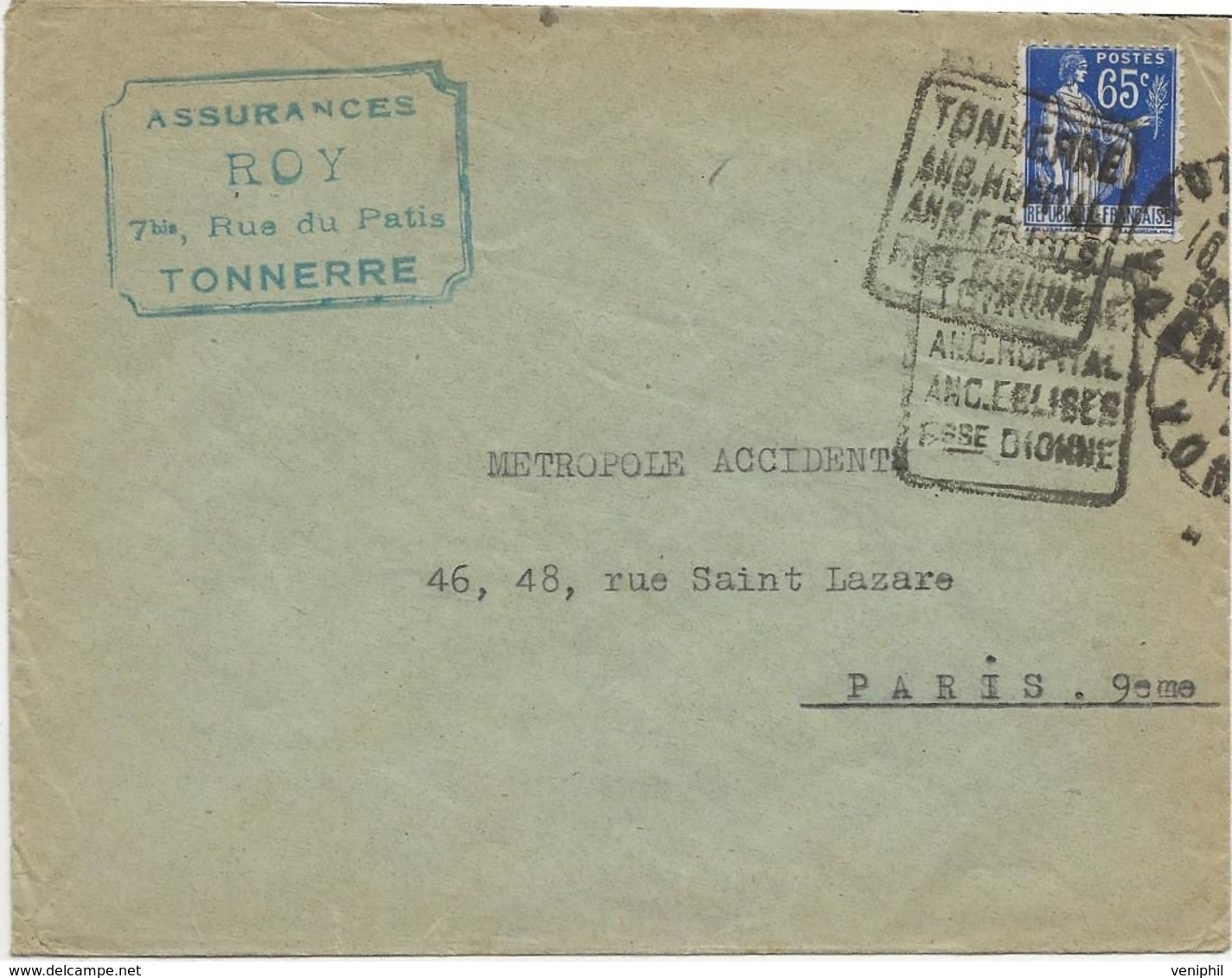 LETTRE OBLITERATION DAGUIN -YONNE- " TONNERRE -ANC.HOPITAL -ANC EGLISES -Fsse DIONNE-1937 - Oblitérations Mécaniques (Autres)