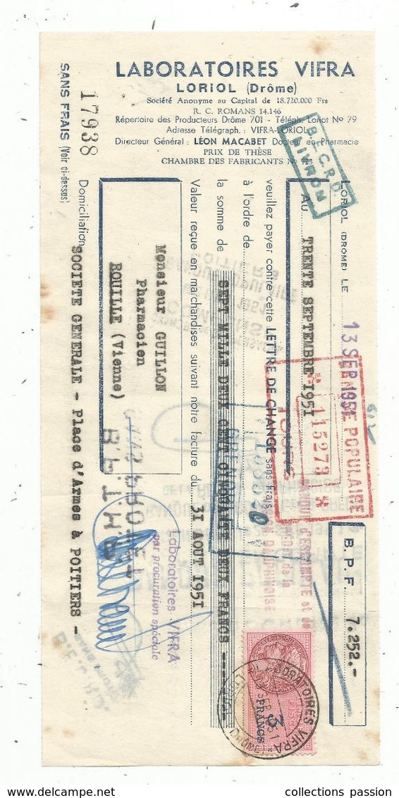 Lettre De Change , 1951 , Laboratoires VIFRA ,  Loriol ,Drôme ,  Frais Fr 1.65 E - Lettres De Change