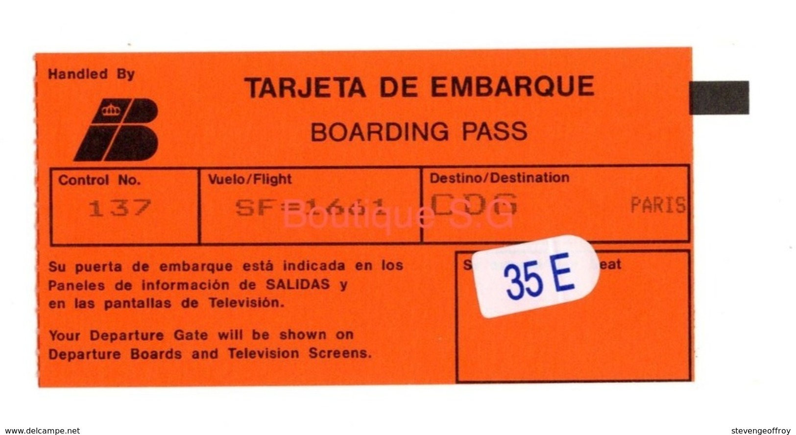 Billet Aviopn Tarjeta De Embarque Boarding Pass Paris - Europa