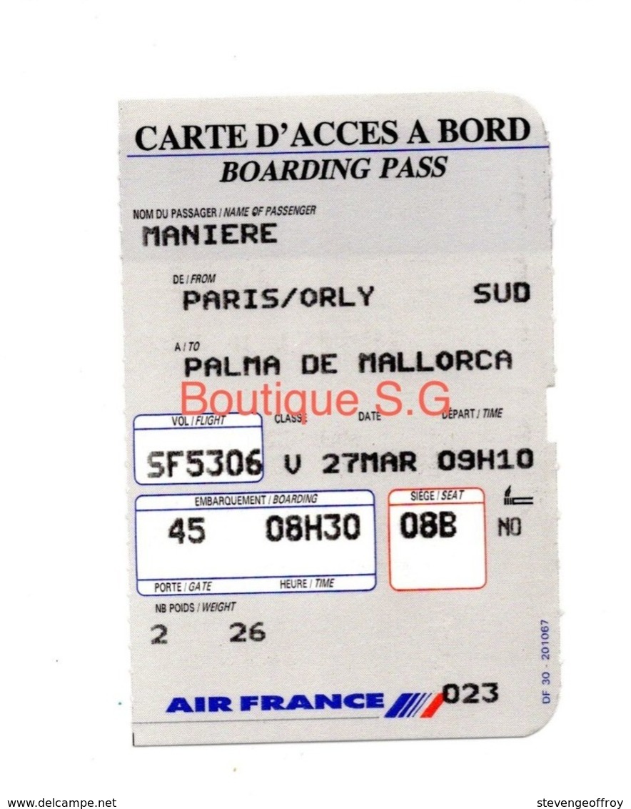 Carte D Acces A Bord Air France Maniere Paris Palma De Mallorca 1993 - Europa