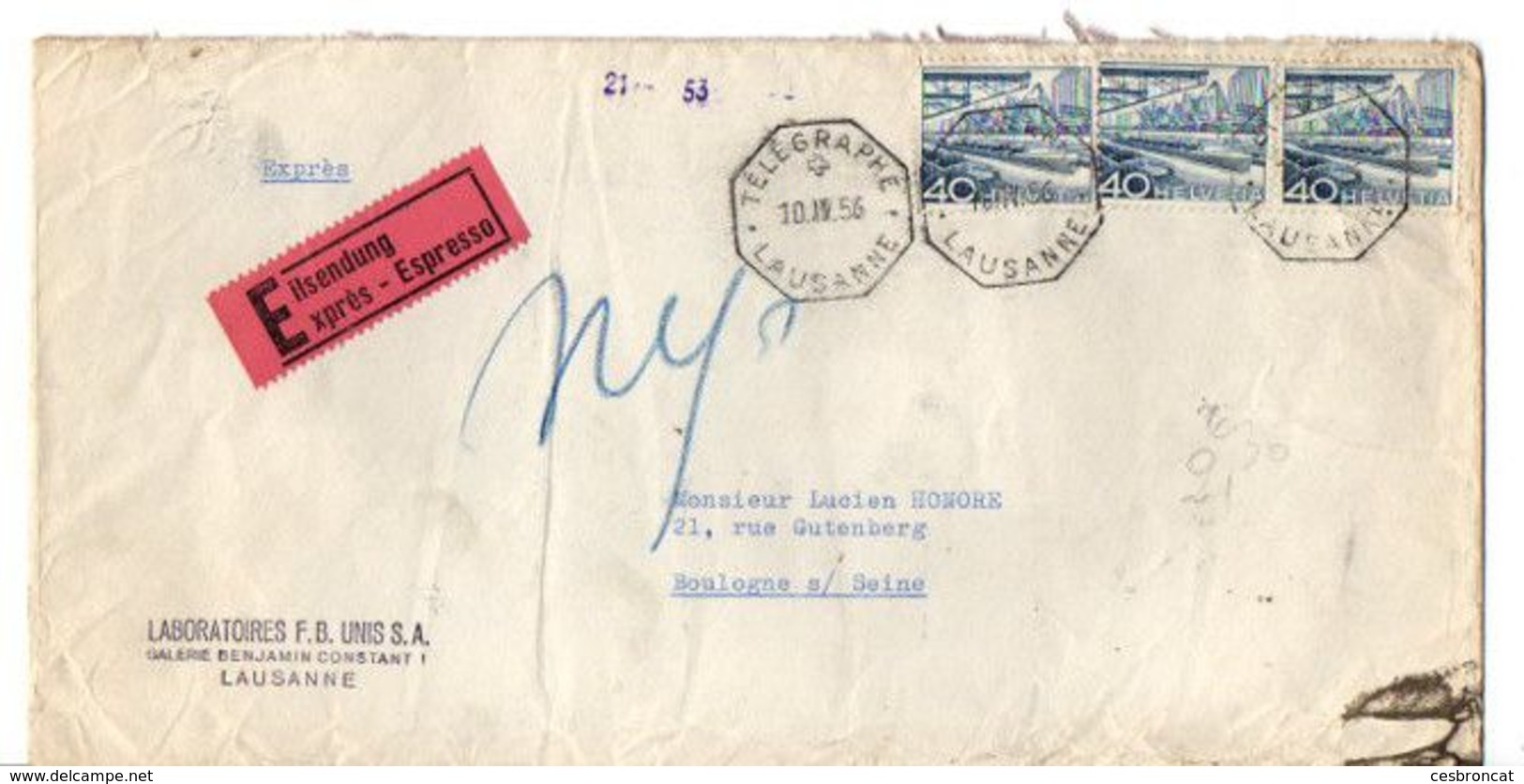 C1  1956 Lettre Suisse France  En Express  Cachet Télégraphe - Telegraph