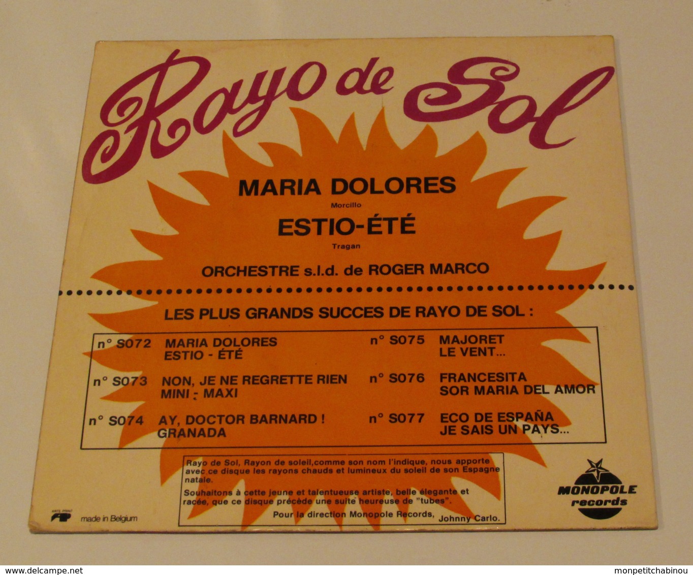 45T RAYO DE SOL : Maria Dolores - Otros - Canción Española
