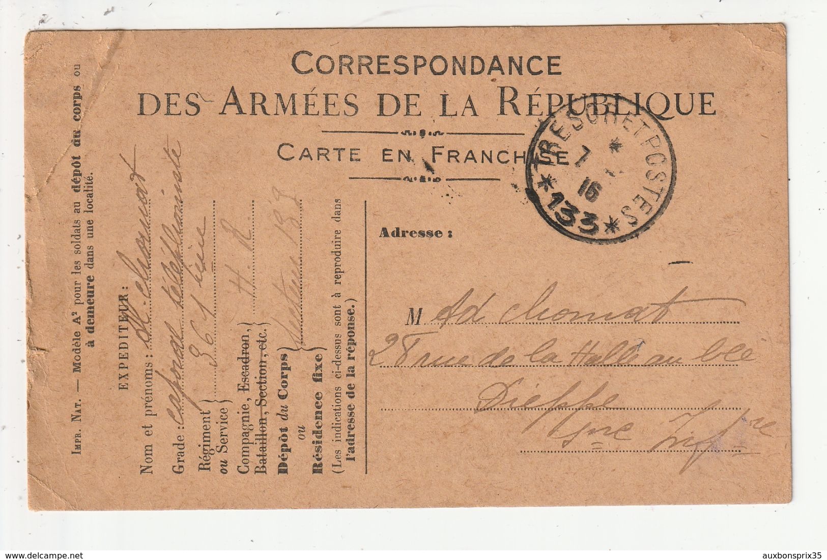 CORRESPONDANCE DES ARMEES DE LA REPUBLIQUE - 5 FEVRIER 1916 - Weltkrieg 1914-18