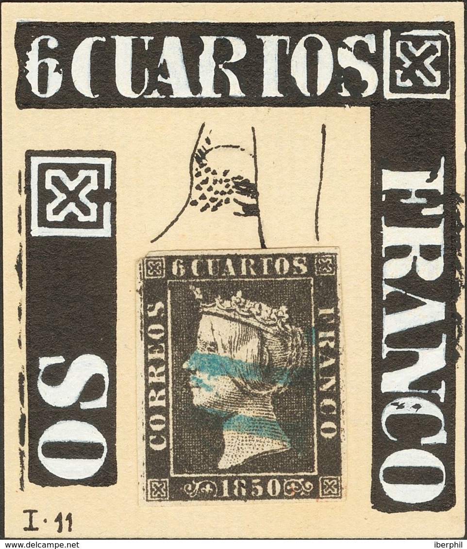 º1. 1850. 6 Cuartos Negro (I-11). Matasello "11", En Azul De Zaragoza. MAGNIFICO. Ex-Alfajeme. - Andere & Zonder Classificatie