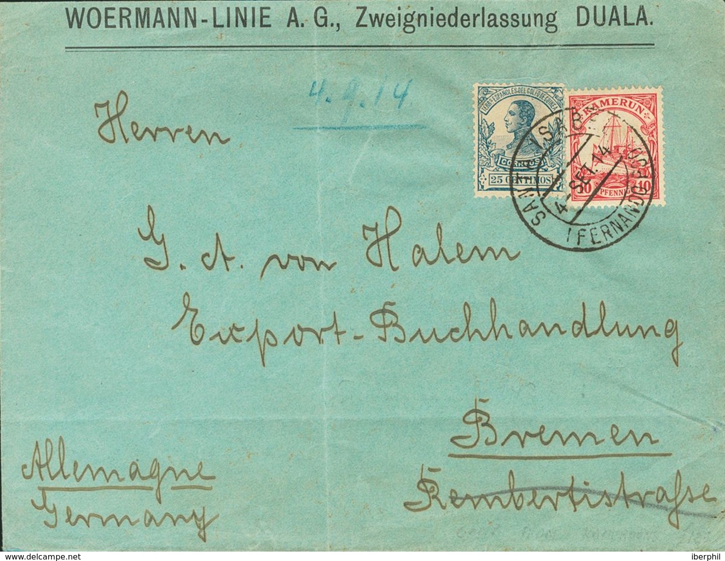 Sobre 91. 1914. 25 Cts Azul Y 10 Cts Carmín De Camerún Alemán. DUALA A BREMEN (ALEMANIA). MAGNIFICA Y RARISIMO FRANQUEO  - Other & Unclassified