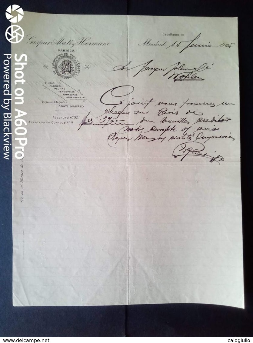 1905 MADRID X WOHLEN - GASPAR ABATI Y HERMANO, FABRICA SOMBREROS SE PAJA Y FIELTRO - Espagne