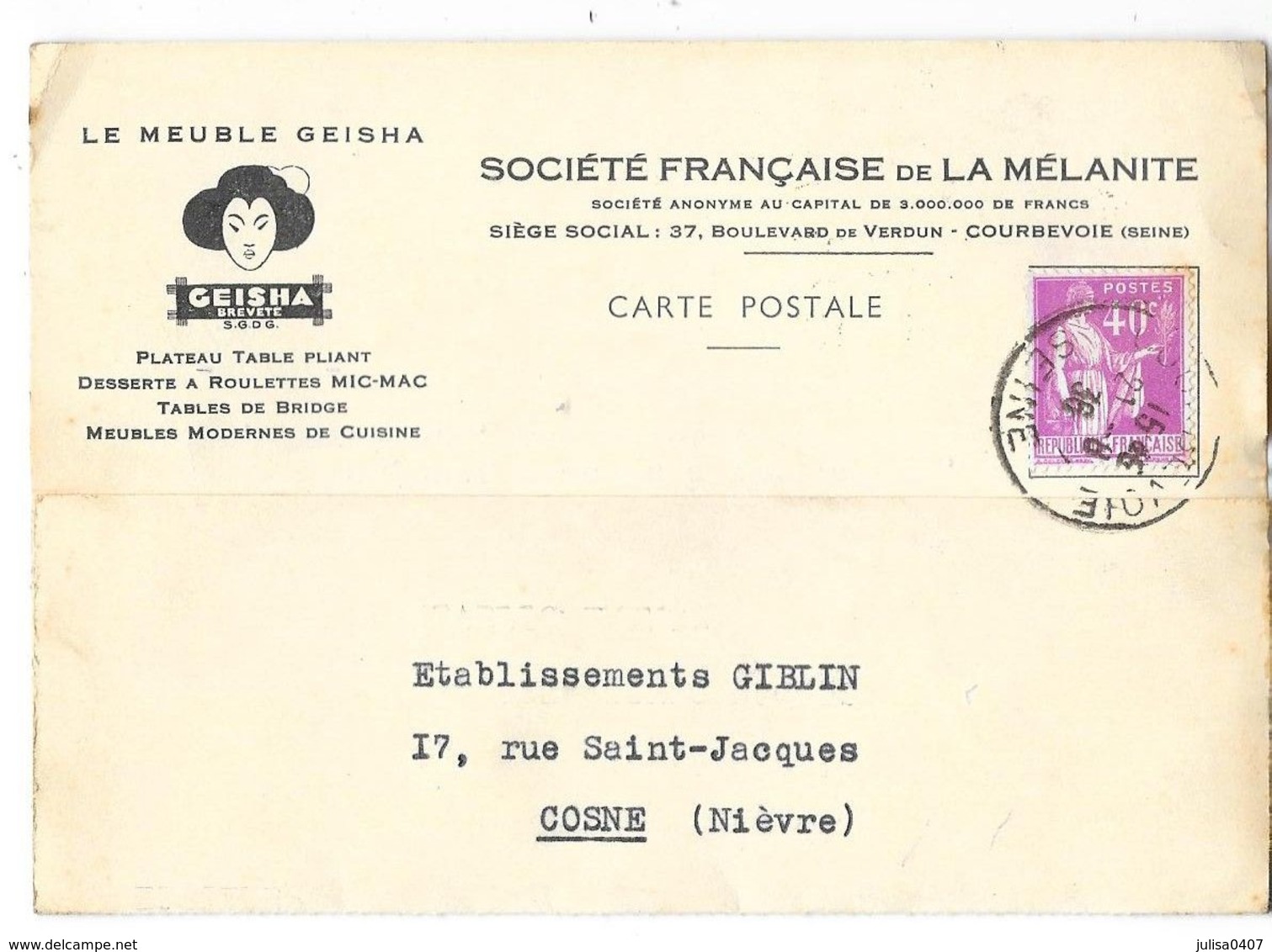 COURBEVOIE (92)  Carte Commerciale Publicitaire Le Meuble Geisha 1936 - Courbevoie