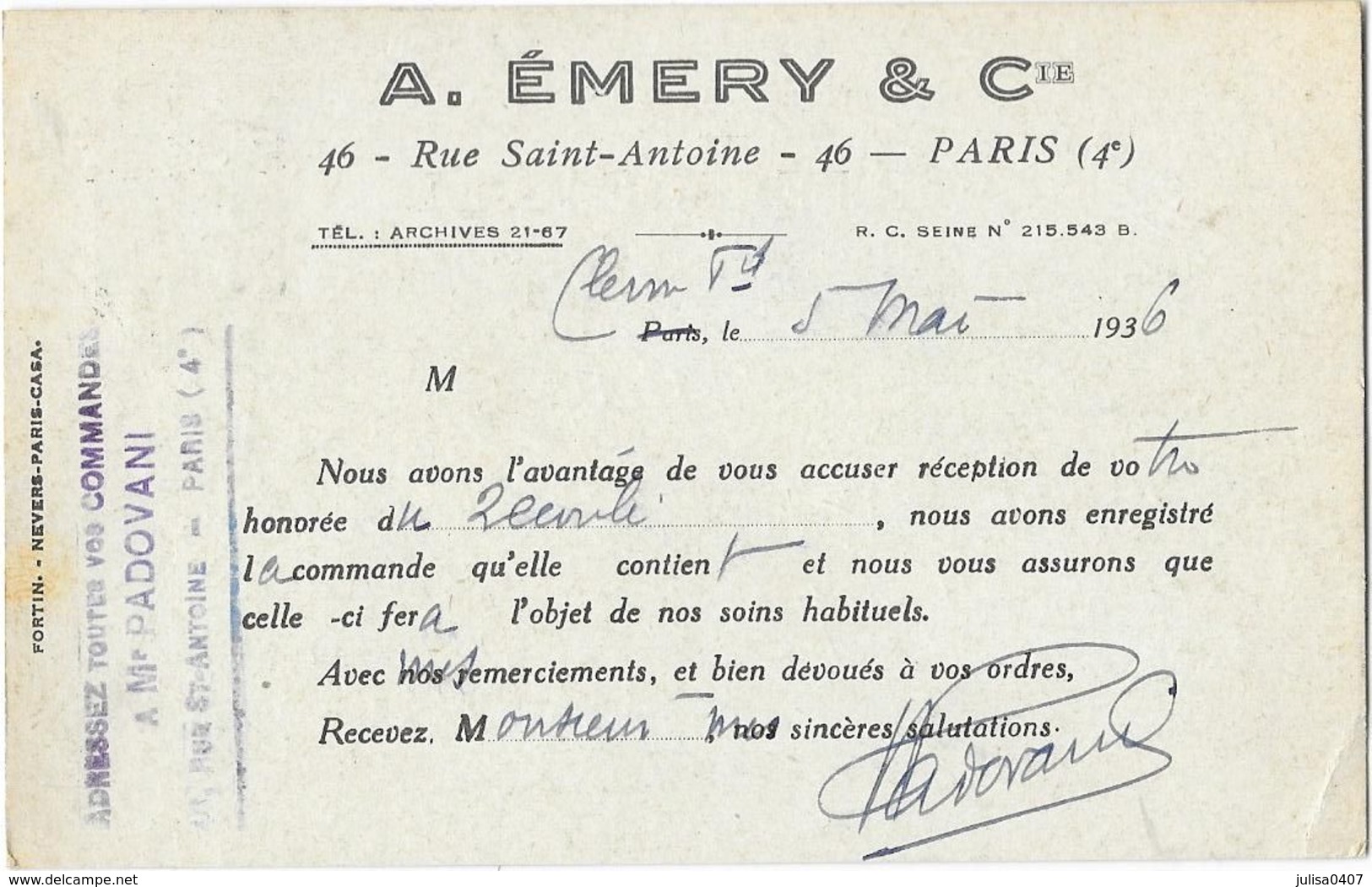 PARIS (IV)  Carte Commerciale Publicitaire A EMERY 46 Rue Saint Antoine 1936 - Arrondissement: 04