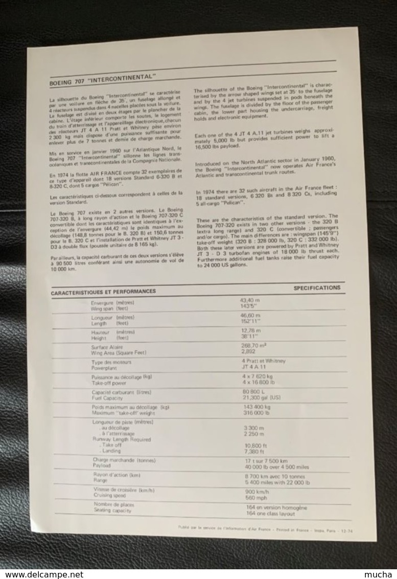 10168 - Air France Boeing 707 Intercontinental Photo Et Données Techniques Service De L'information Air France 12.1974 - Autres & Non Classés