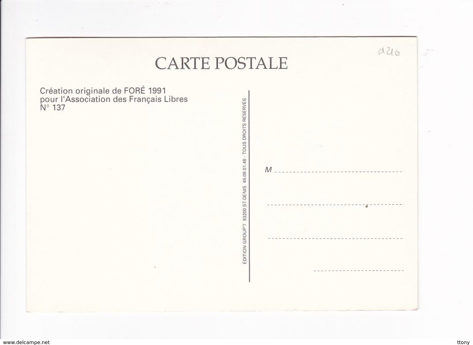 Carte Postale Illustrateur Fore 1991 Pour L'association Des Français Libres  N° 137  Croix De Lorraine - Fore