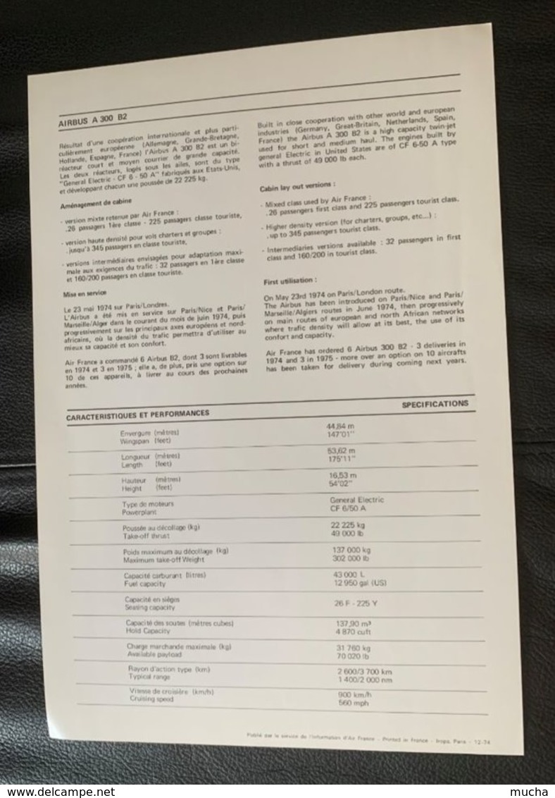 10171 - Air France Airbus A 300 B2 Photo Et Données Techniques Service De L'information Air France 12.1974 - Other & Unclassified