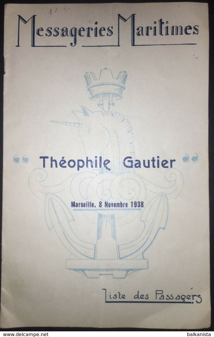 Messageries Maritime Theophile Gautier Marseille 8 Novembre 1938 Passenger List - Wereld