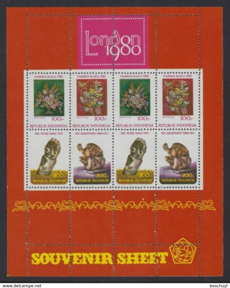 Indonesia, 1980, Statues, Flowers, London Stamp Exhibition, MNH, Michel Block 35 - Indonésie