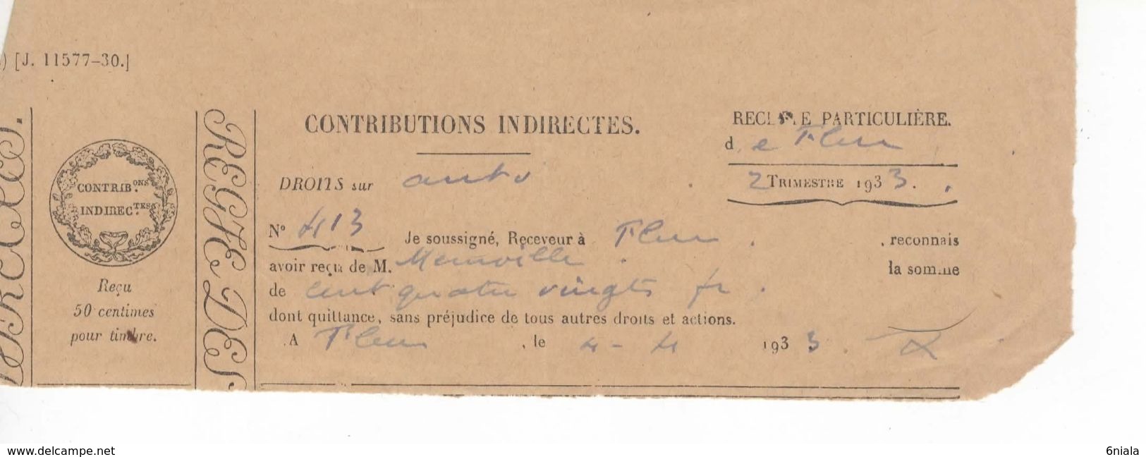 1523 32 Commune Fleurance ? Gers QUITTANCE Droits Sur Automobile 1933 Contributions Indirectes Impôts - Automobile