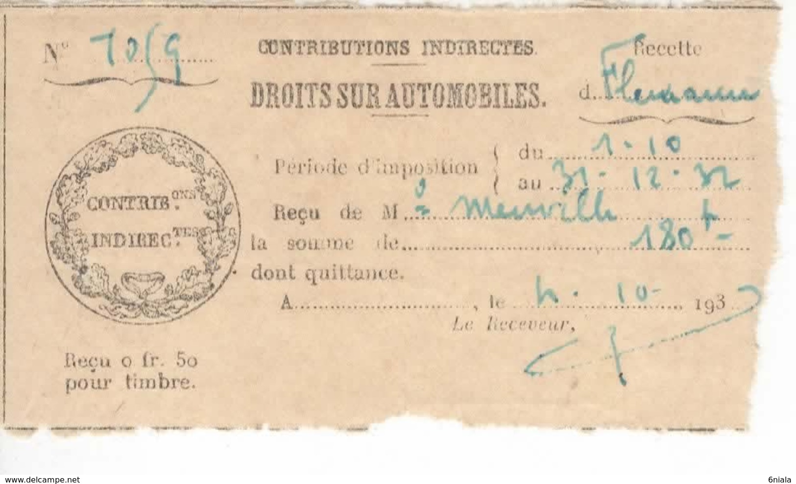 1524 32 Commune Fleurance  32 Gers QUITTANCE Droits Sur Automobile 1932 Contributions Indirectes Impôts - Autres & Non Classés