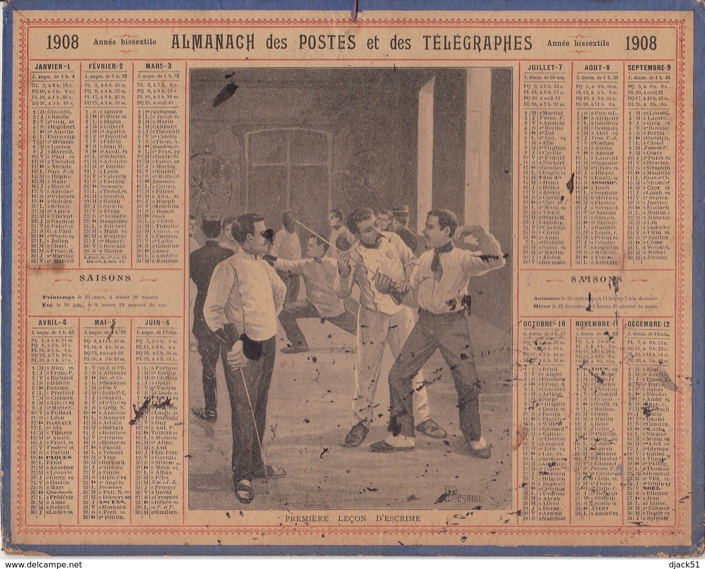 Calendrier 1908 ALMANACH Des Postes Et DesTélégraphes / PREMIERE LECON D'ESCRIME - Grand Format : 1901-20