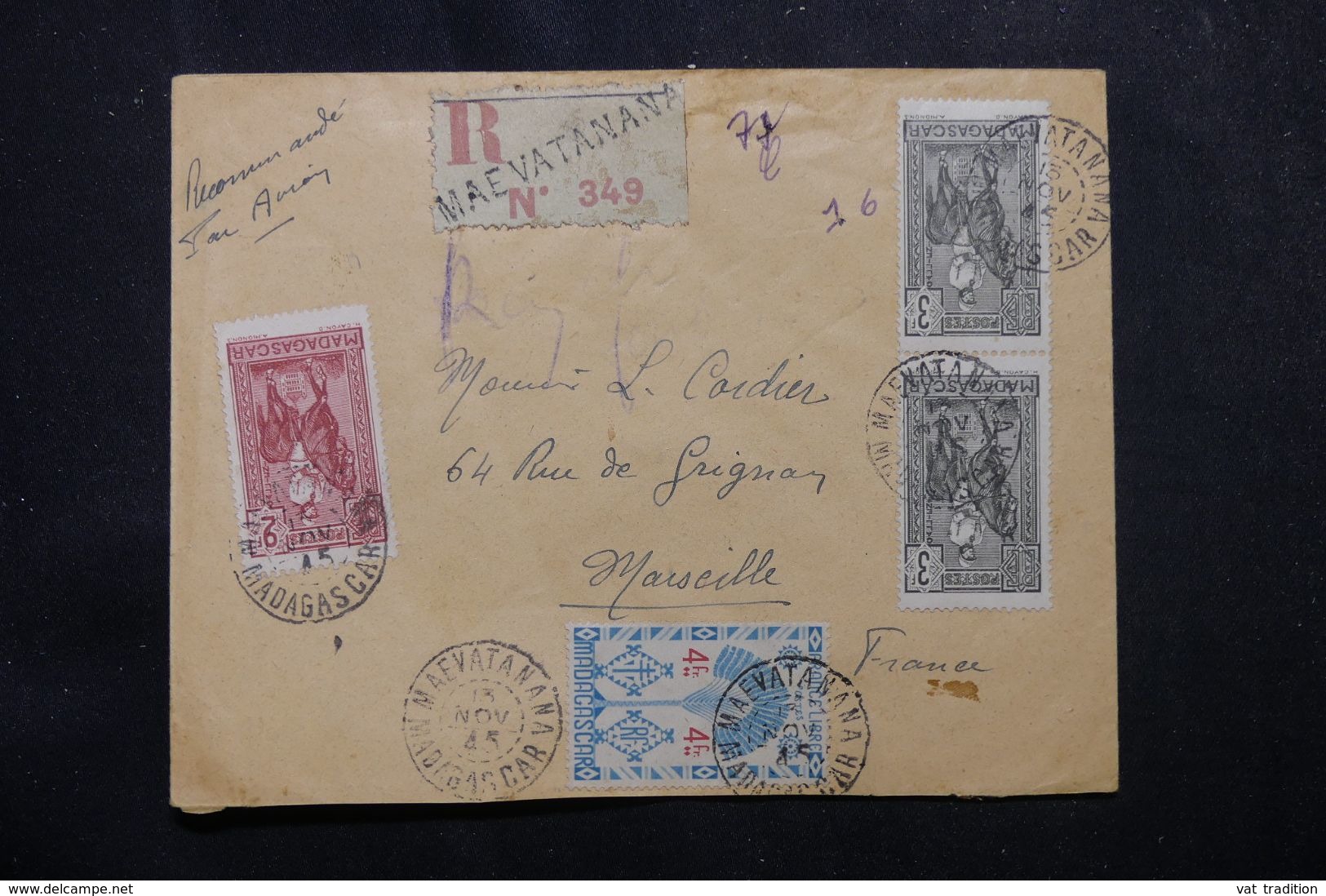 MADAGASCAR - Enveloppe En Recommandé De Maevatanana Pour Marseille En 1945, Affranchissement Plaisant - L 62784 - Lettres & Documents