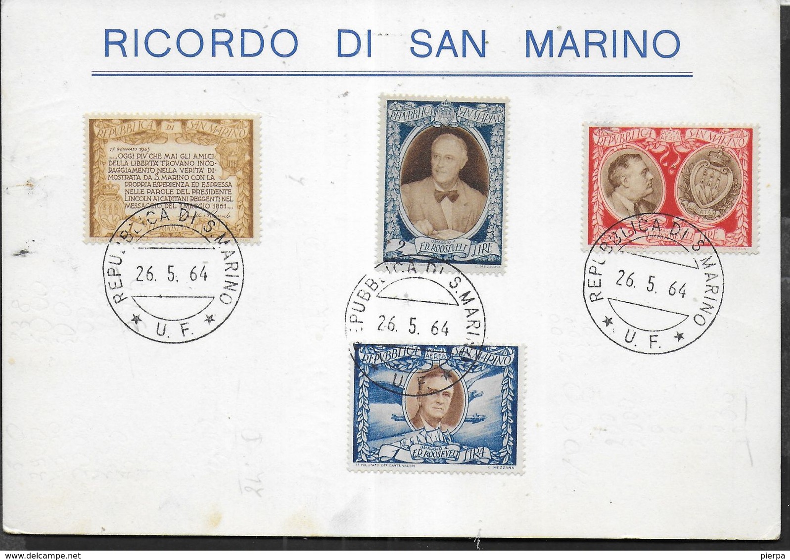 SAN MARINO - CARTONCINO RICORDO - SERIETTA ROOSVELT - 26.05.64 - Variétés Et Curiosités