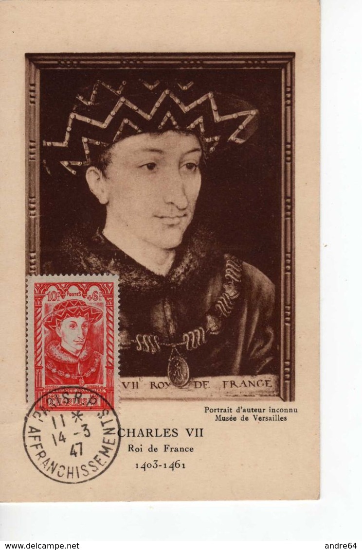Carte Maximum Avec N°770 Charles VII  Oblit Paris 14/3/47  Cote Yvert :  D6  15E - 1940-1949
