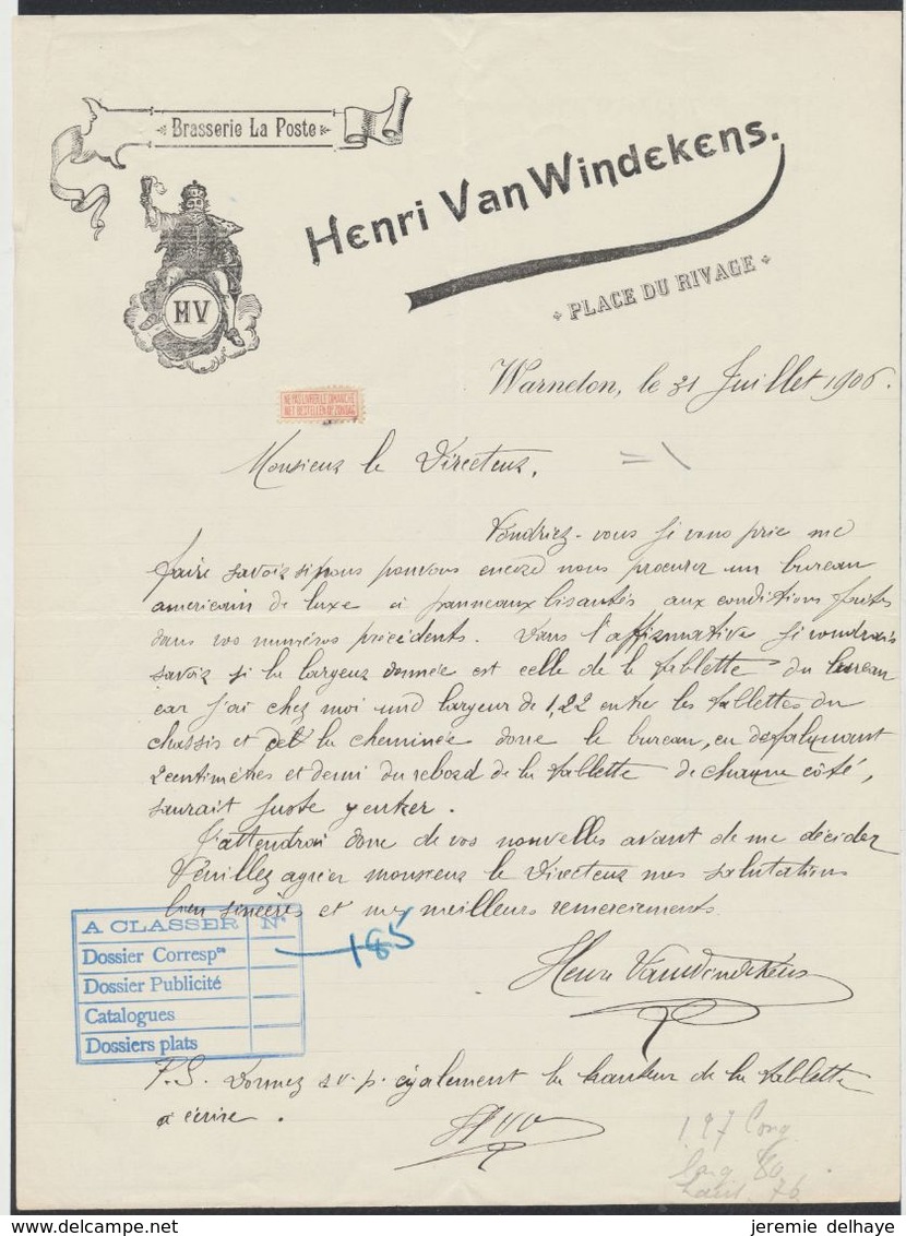 Belgique - Facture Illustrée (Warneton, 1908) : Brasserie La Poste : Henri Van Windekens, Place Du Rivage / Bière. - 1900 – 1949