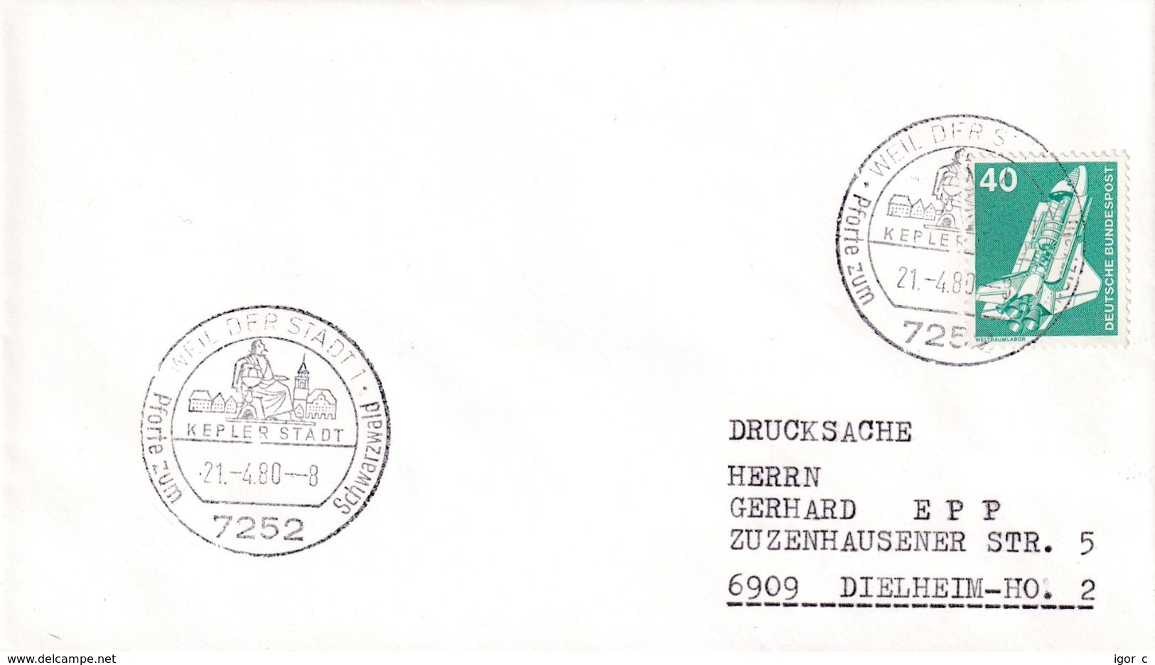 Germany 1977 Cover; Space Weltraum Espace: Astronpomy; Johannes Kepler; Weil Der Stadt Cancellation Kepler Stadt; Church - Sonstige & Ohne Zuordnung