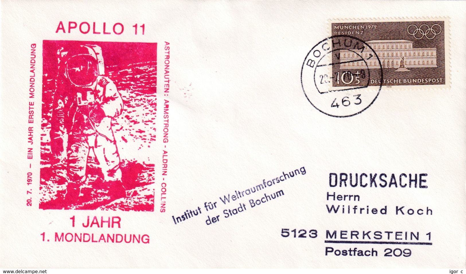 Germany 1970 Cover; Space Weltraum Espace: Apollo 11; First Anniversary Moon Landing; Armstrong; Institiute Bochum - Sonstige & Ohne Zuordnung