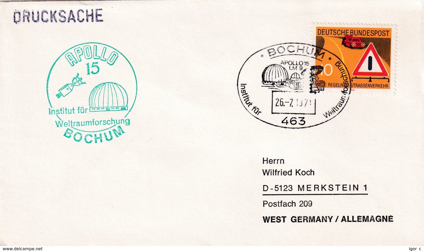 Germany 1971 Cover; Space Weltraum Espace: Apollo 15 Moon Landing;   Institiut For Scace Research Bochum; Observatory - Andere & Zonder Classificatie