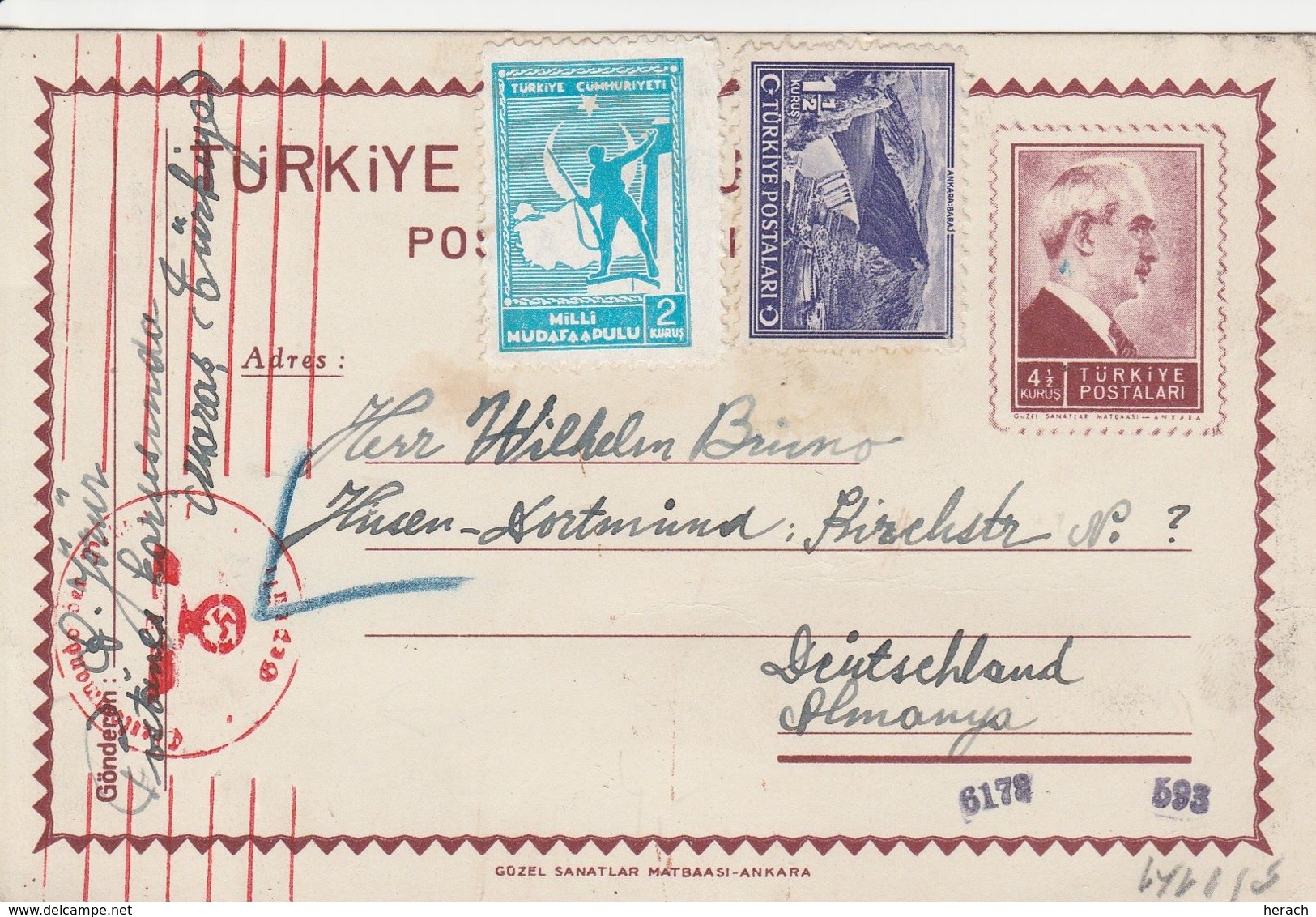 Turquie Entier Postal Censuré Pour L'Allemagne 1944 - Lettres & Documents