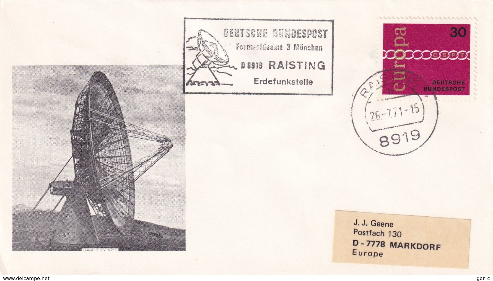 Germany 1985 Cover; Space Weltraum Espace: Telecommunications; Olympic Games Münich 1972; Earth Antenna Raisting - Other & Unclassified