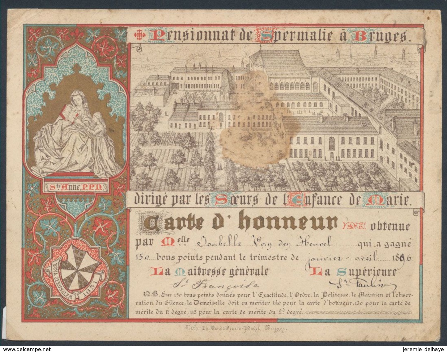 Belgique - Carte D'honneur Du Pensionnat De Spermalie à Bruges (1896) / Litho. Ch. Vande Byere (Bruges). - Other & Unclassified