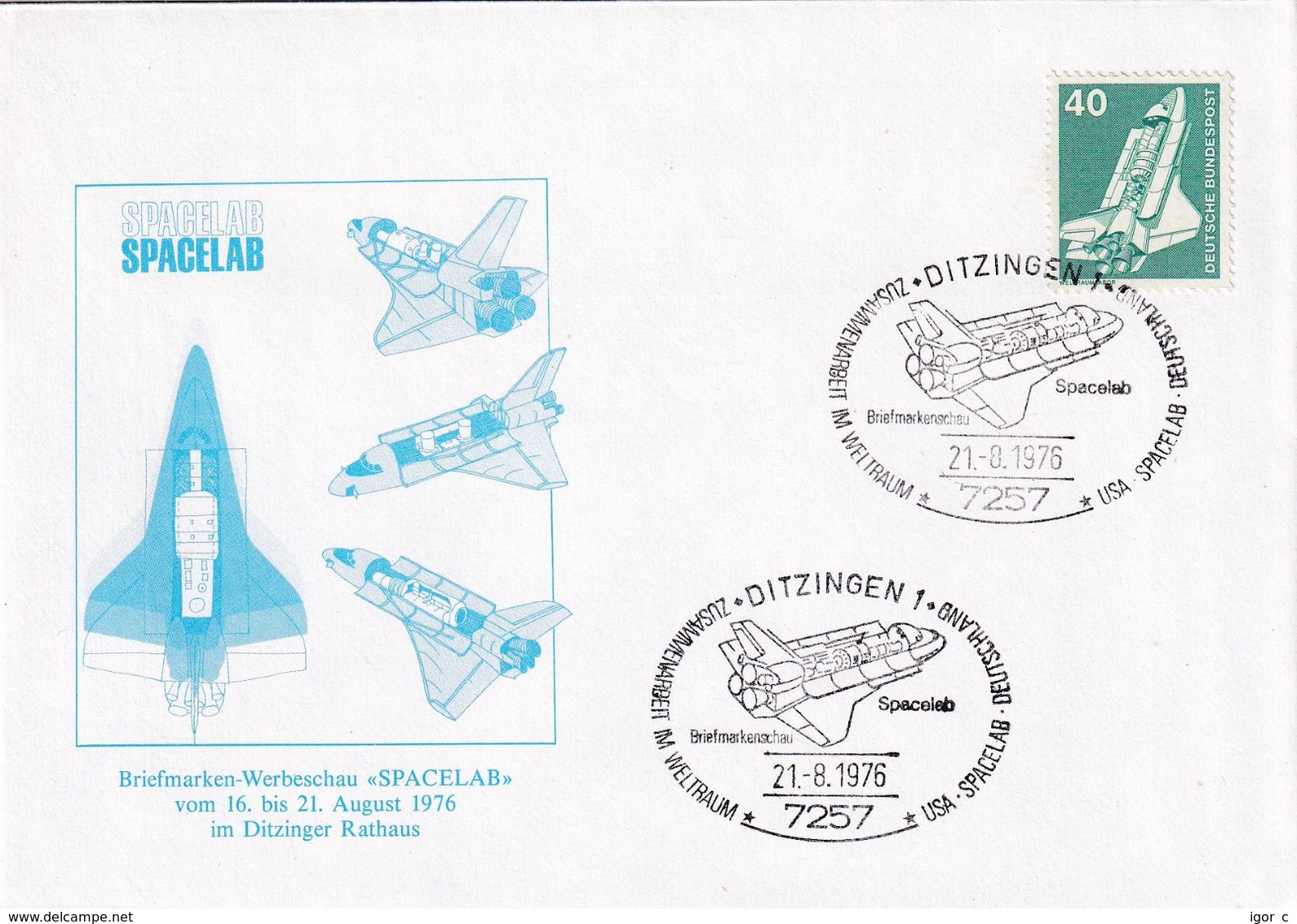 Germany 1976 Cover; Space Weltraum Espace: Space Shuttle: SpaceLAB; Ditzingen Exhibition: - Other & Unclassified