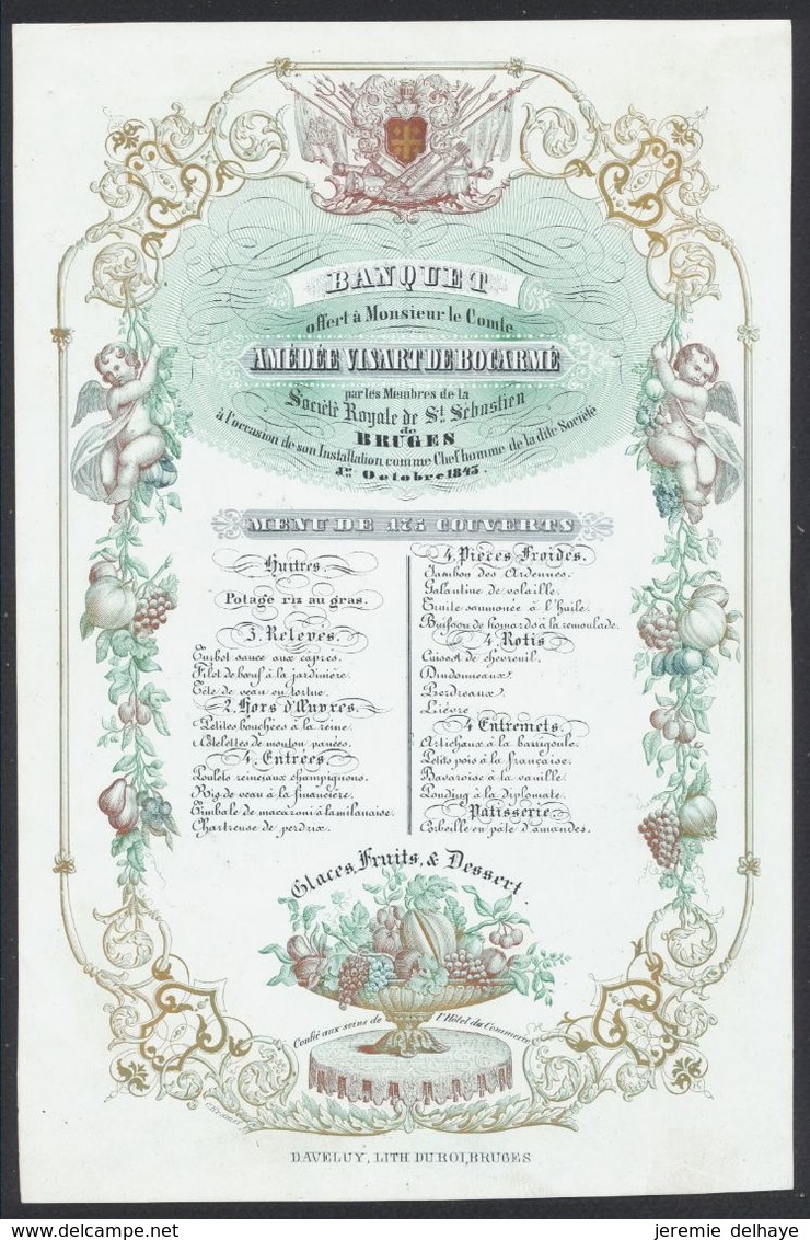 Belgique - Menu En Porcelaine : Banquet Offert à Monsieur Le Comte Amédée Visart De Bocarmé (Bruges 1843). TB - Menus