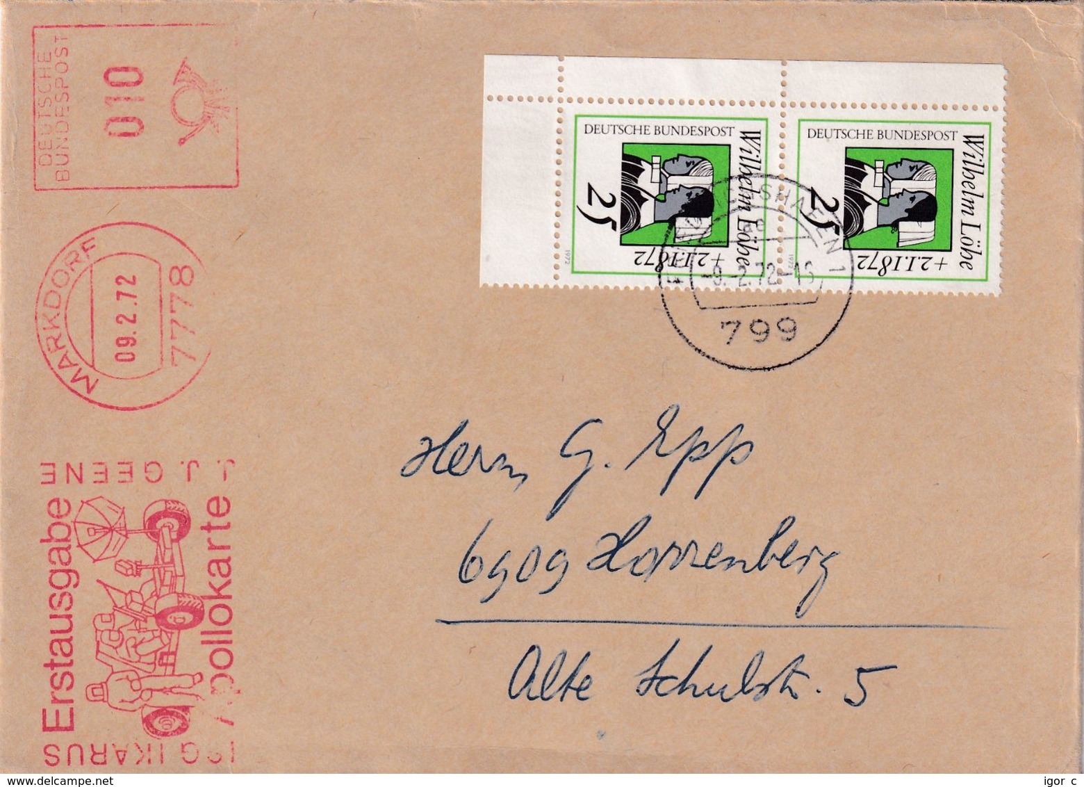 Germany 1972 Cover; Space Weltraum Espace: Apollo Lunochod; ISG Ikarus Apollokarte J.j. Geene Meter EMA Freistempel - Andere & Zonder Classificatie