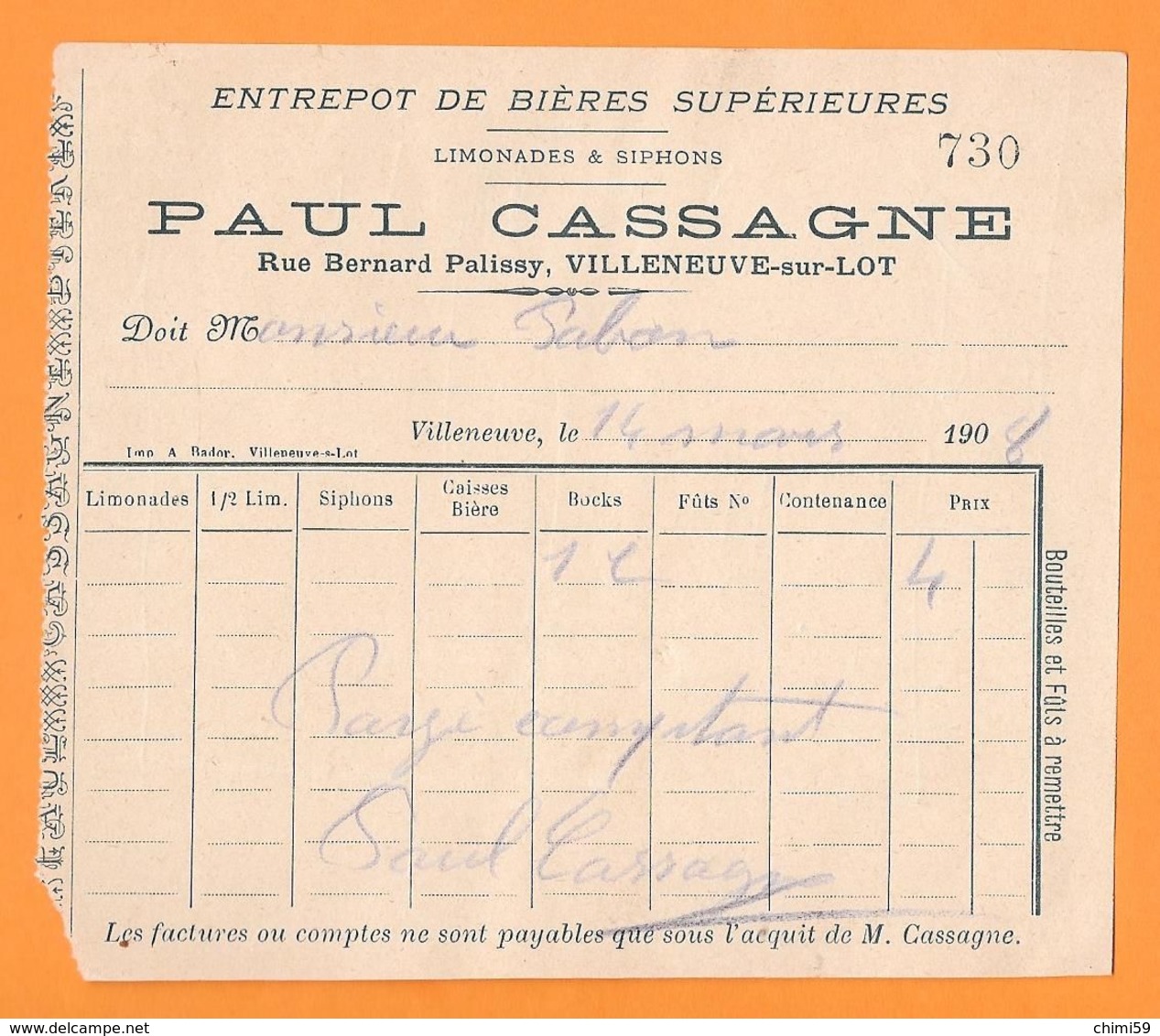 LOT ET GARONNE - VILLENEUVE SUR LOT - PAUL CASSAGNE ENTREPOT DE BIERES SUPERIEURES - Invoices