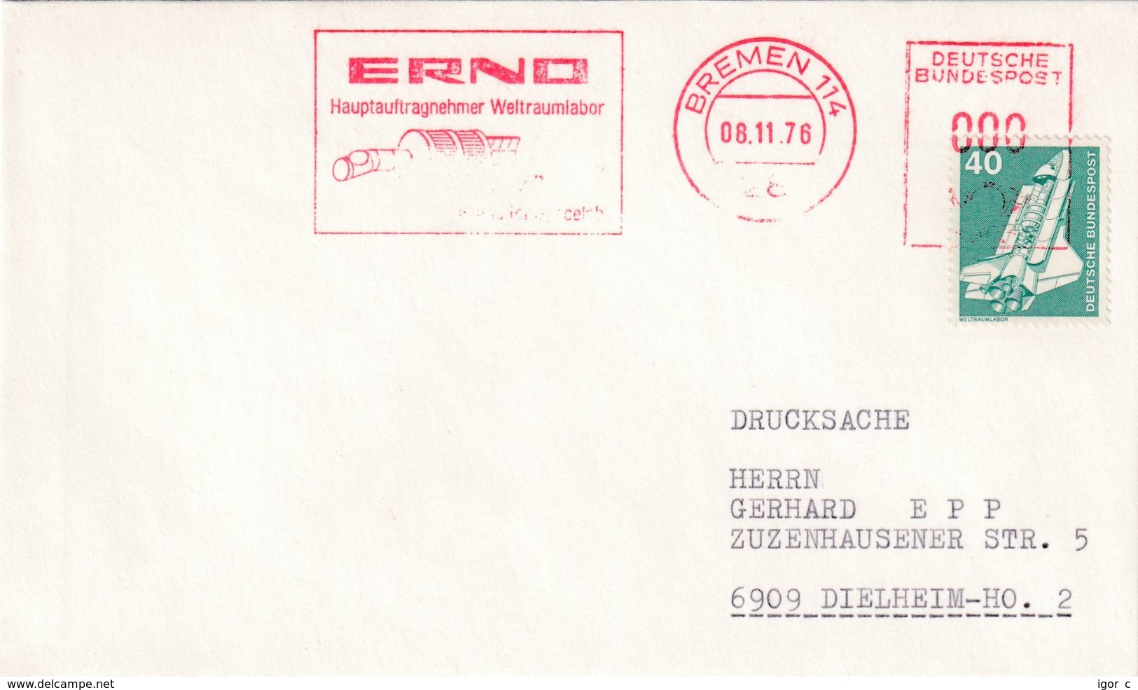 Germany 1972 Cover; Space Weltraum Espace: Space Shutle; Erno  Prime Contractor Space Laboratory For Spacelab  Meter EMA - Sonstige & Ohne Zuordnung